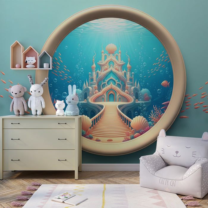 Papier peint chambre enfant | Château sous-marin féerique avec poissons colorés