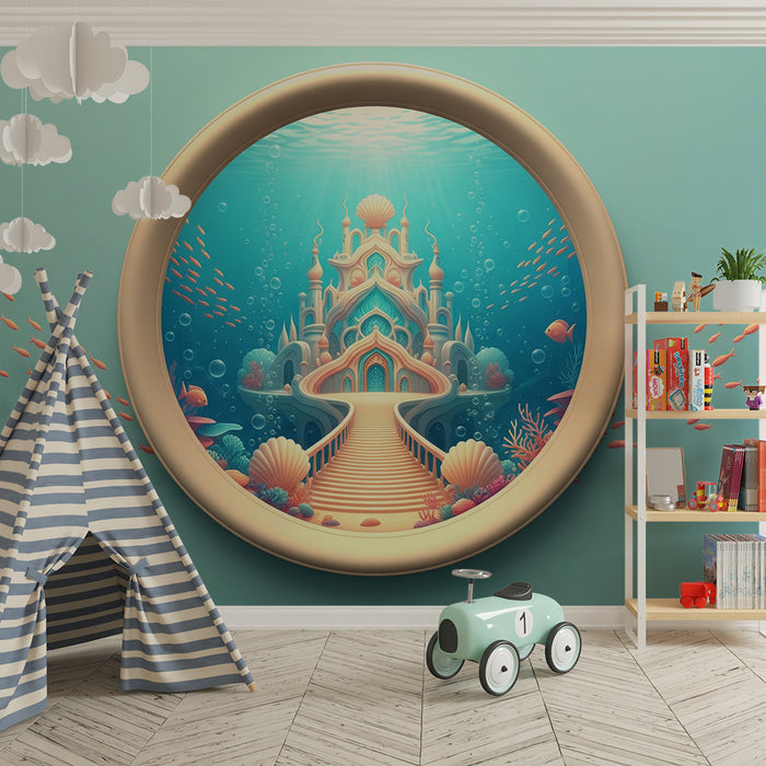 Papier peint chambre enfant | Château sous-marin féerique avec poissons colorés