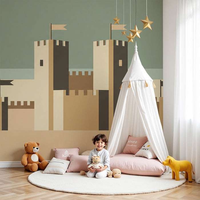 Papier peint chambre enfant | Château stylisé avec drapeaux et couleurs douces