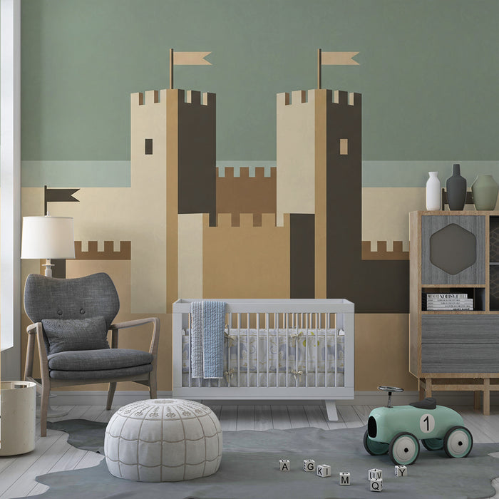 Papier peint chambre enfant | Château stylisé avec drapeaux et couleurs douces