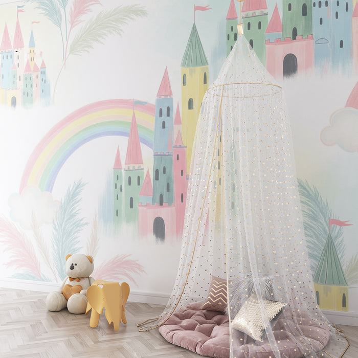 Papel de parede criança | Coloridos castelos e arco-íris em um céu pastel