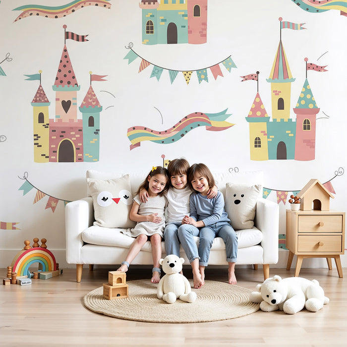 Papel de parede para quarto de criança | Castelos coloridos e bandeiras festivas para um ambiente de sonho