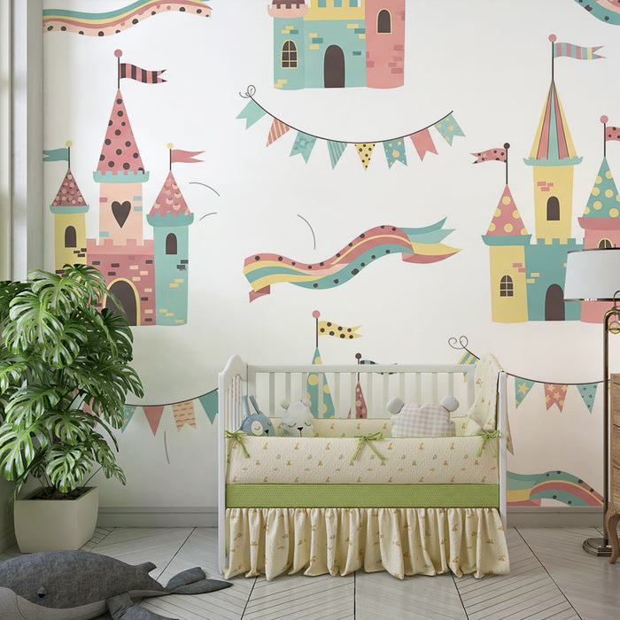 Papel de parede para quarto de criança | Castelos coloridos e bandeiras festivas para um ambiente de sonho