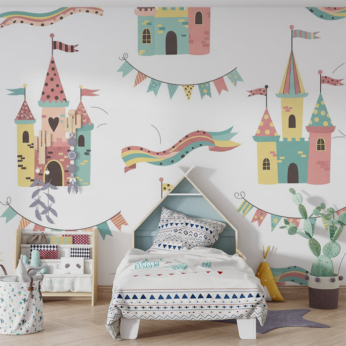 Papel de parede para quarto de criança | Castelos coloridos e bandeiras festivas para um ambiente de sonho