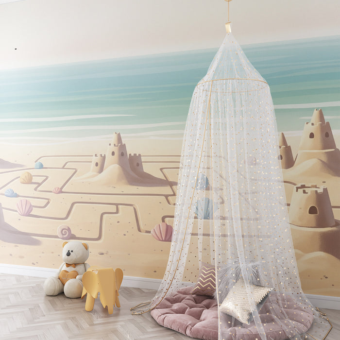 Carta da parati bambini | Castelli di sabbia e conchiglie sulla spiaggia