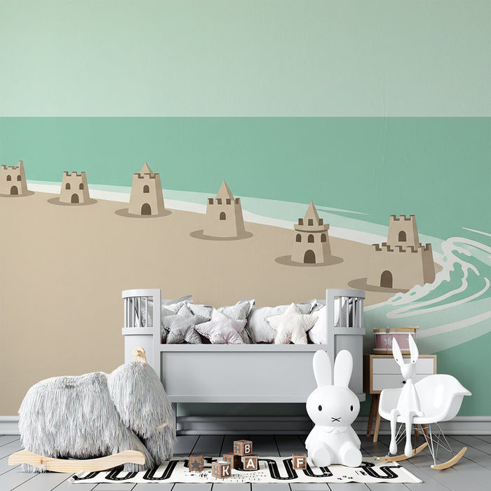 Carta da parati bambini | Castelli di sabbia sulla spiaggia con mare turchese