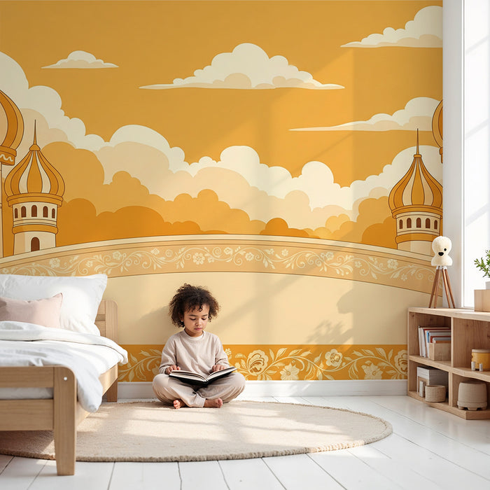 Barnrumstapet | Gyllene slott under orange molnig himmel