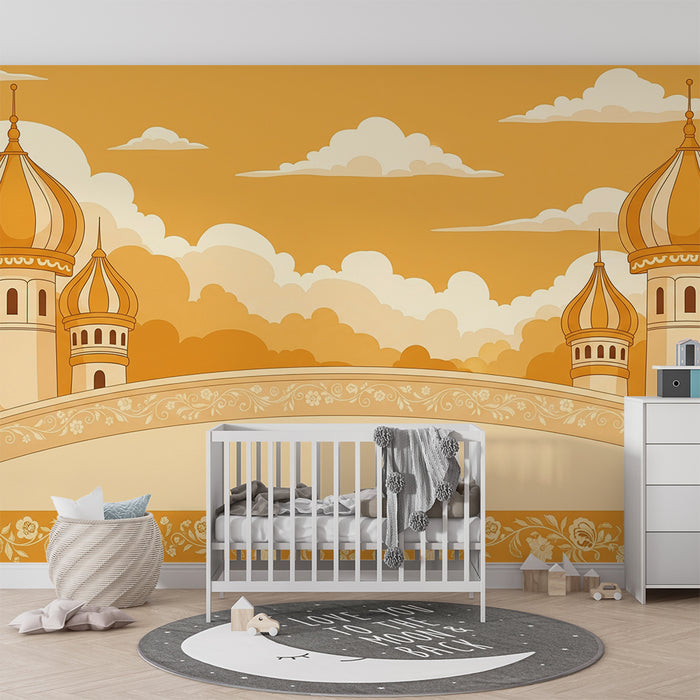 Barnrumstapet | Gyllene slott under orange molnig himmel