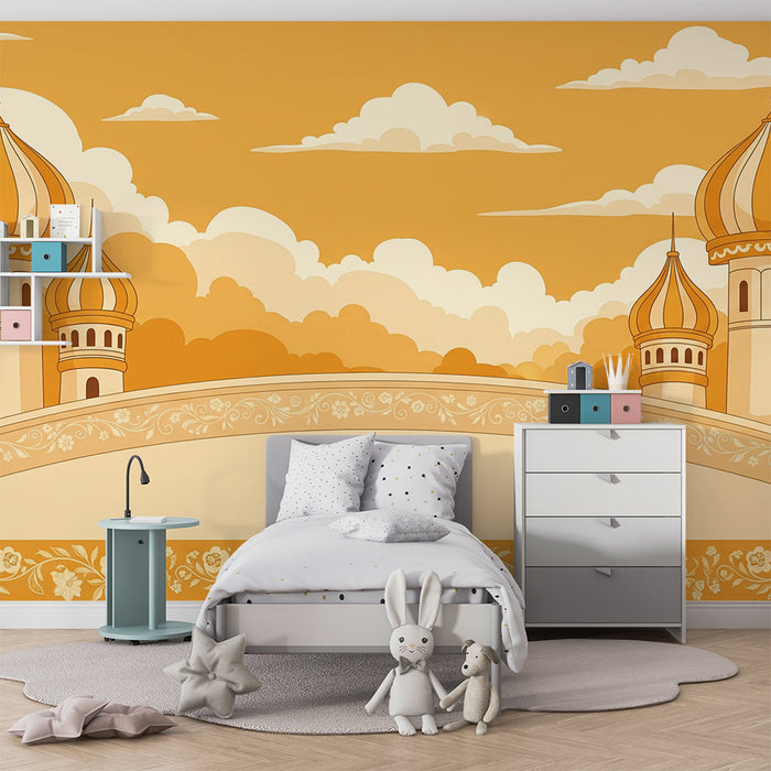 Barnrumstapet | Gyllene slott under orange molnig himmel