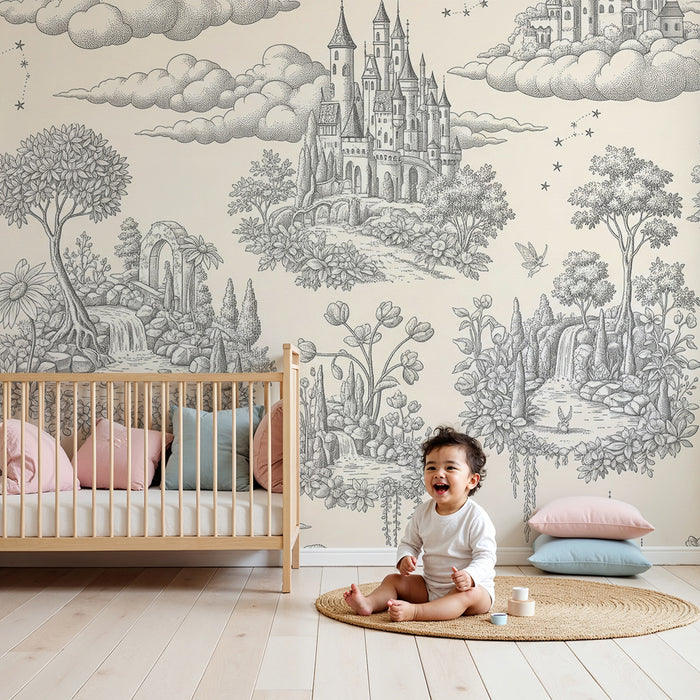 Papel de parede para quarto infantil | Castelos encantados e paisagens mágicas a preto e branco