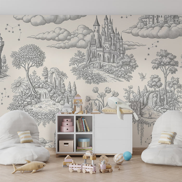 Papel de parede para quarto infantil | Castelos encantados e paisagens mágicas a preto e branco