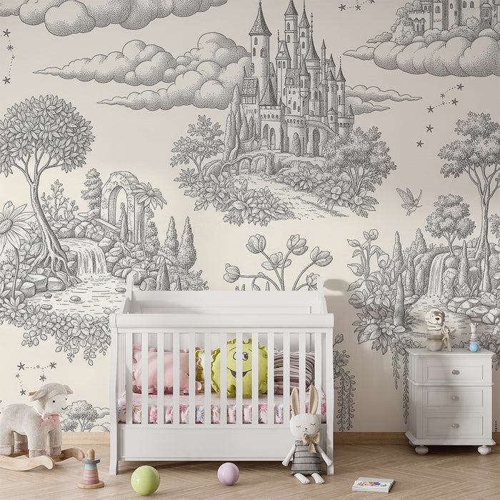 Papel de parede para quarto infantil | Castelos encantados e paisagens mágicas a preto e branco