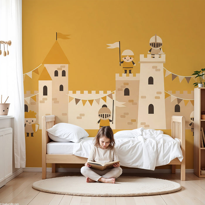 Papier peint chambre enfant | Châteaux et chevaliers dans un univers médiéval chaleureux