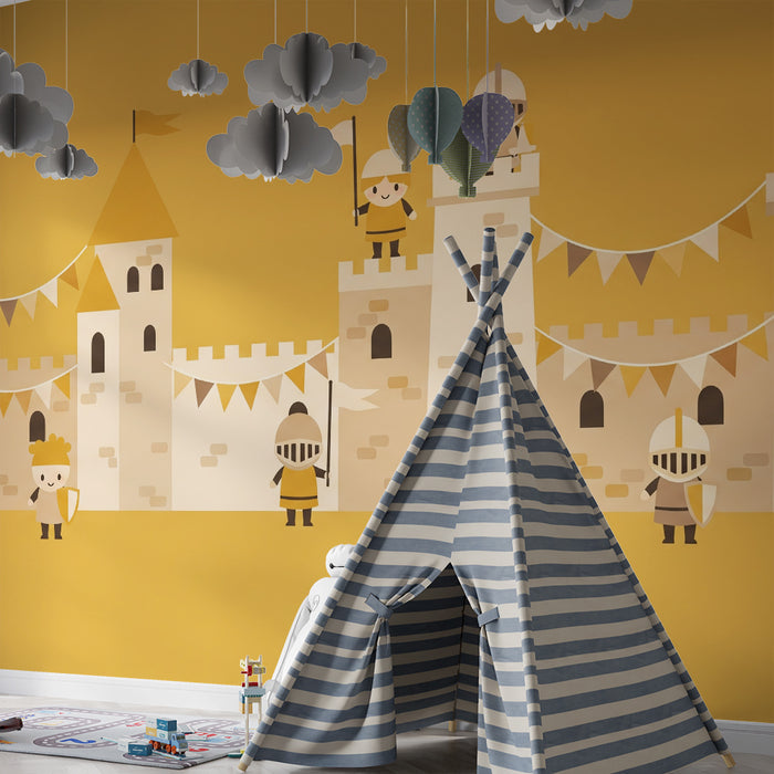 Papier peint chambre enfant | Châteaux et chevaliers dans un univers médiéval chaleureux