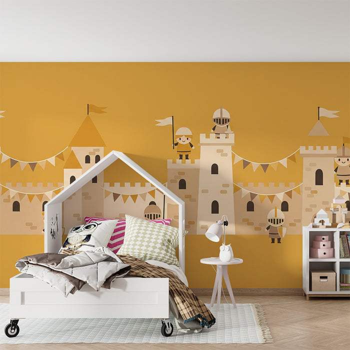 Papier peint chambre enfant | Châteaux et chevaliers dans un univers médiéval chaleureux