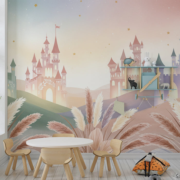 Papel de parede criança | Castelos mágicos e paisagens pastel
