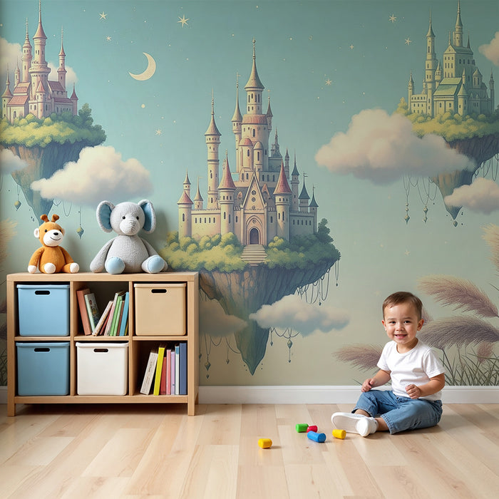 Kinderkamer behang | Drijvende kastelen in een sterrenhemel