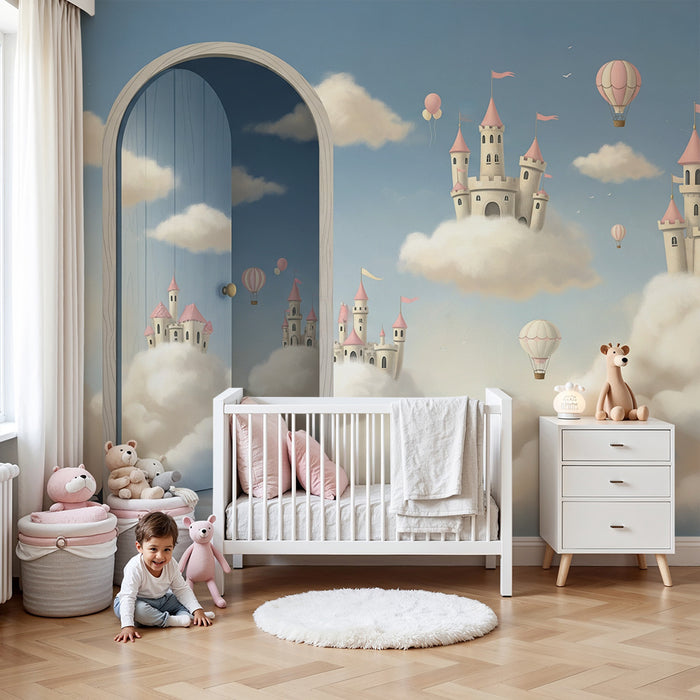 Papier peint chambre enfant | Châteaux flottants et ballons dans un ciel de rêve