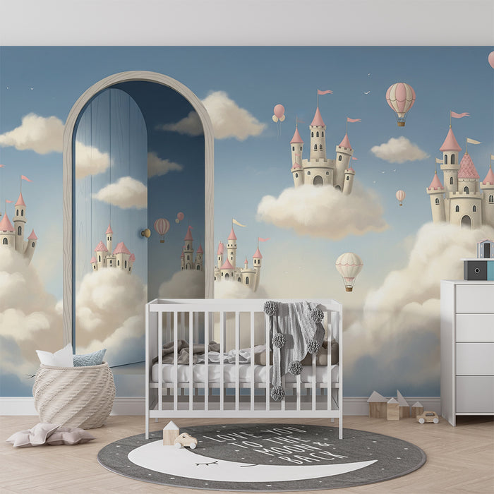 Papier peint chambre enfant | Châteaux flottants et ballons dans un ciel de rêve