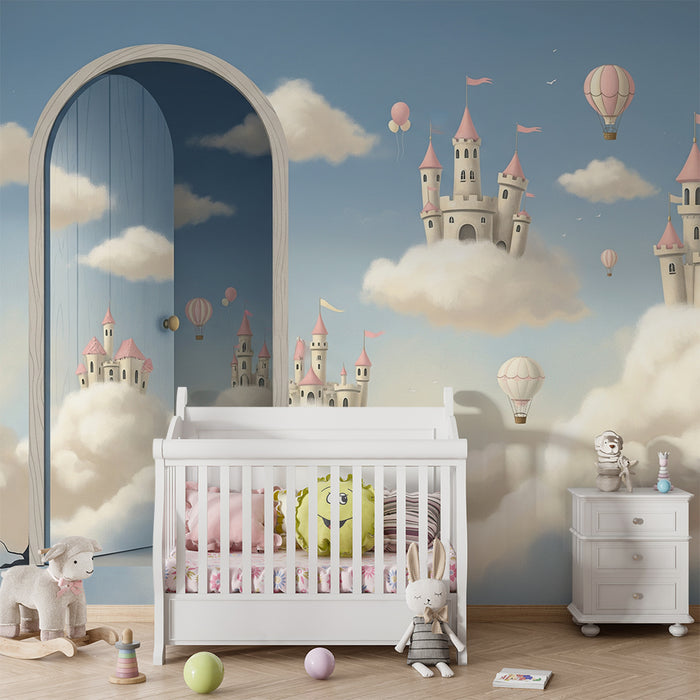 Papier peint chambre enfant | Châteaux flottants et ballons dans un ciel de rêve
