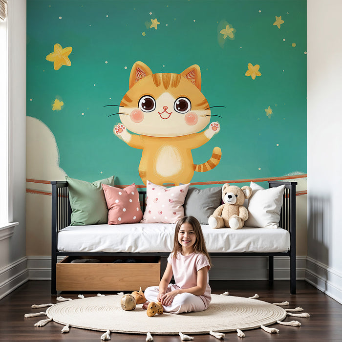 Papier peint chambre enfant | Chaton acrobate sous un ciel étoilé