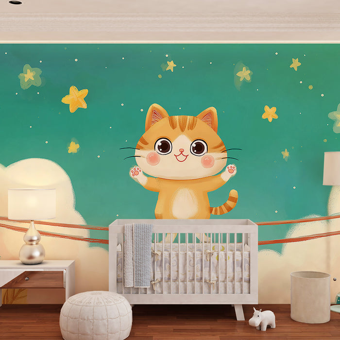 Papier peint chambre enfant | Chaton acrobate sous un ciel étoilé