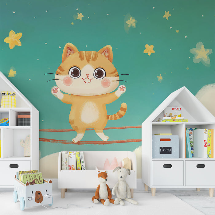 Papier peint chambre enfant | Chaton acrobate sous un ciel étoilé