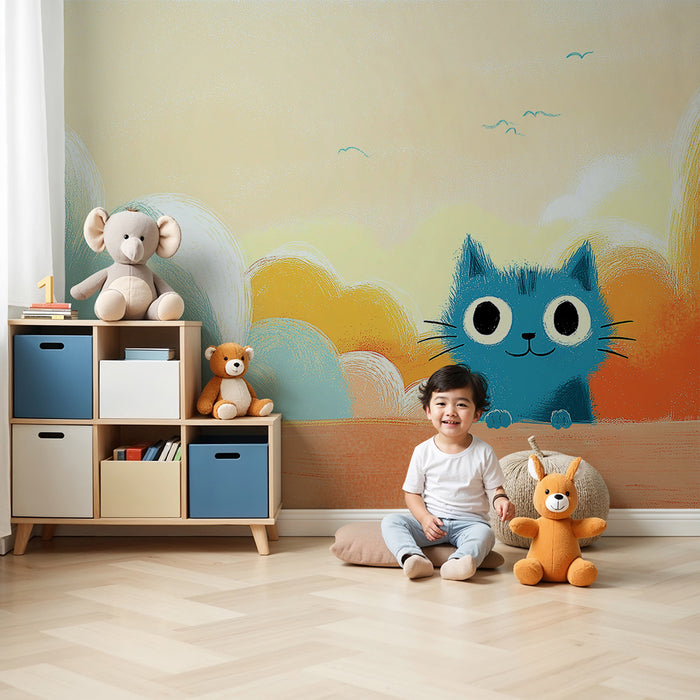 Kids room wallpaper | Playful blue kitten under a colorful sky