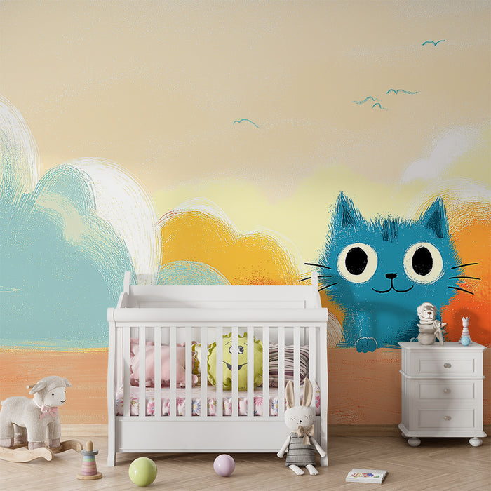 Kids room wallpaper | Playful blue kitten under a colorful sky