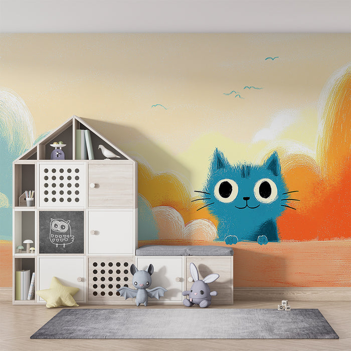 Kids room wallpaper | Playful blue kitten under a colorful sky