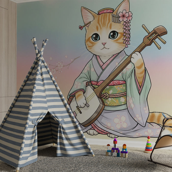 **Barneveggtapet | Kattunge i kimono som spiller musikk under kirsebærtrær**