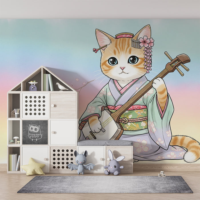 **Barneveggtapet | Kattunge i kimono som spiller musikk under kirsebærtrær**
