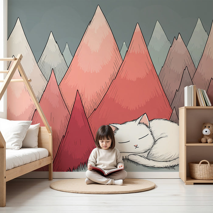 Kids room wallpaper | Sleeping kitten in the middle of colorful mountains