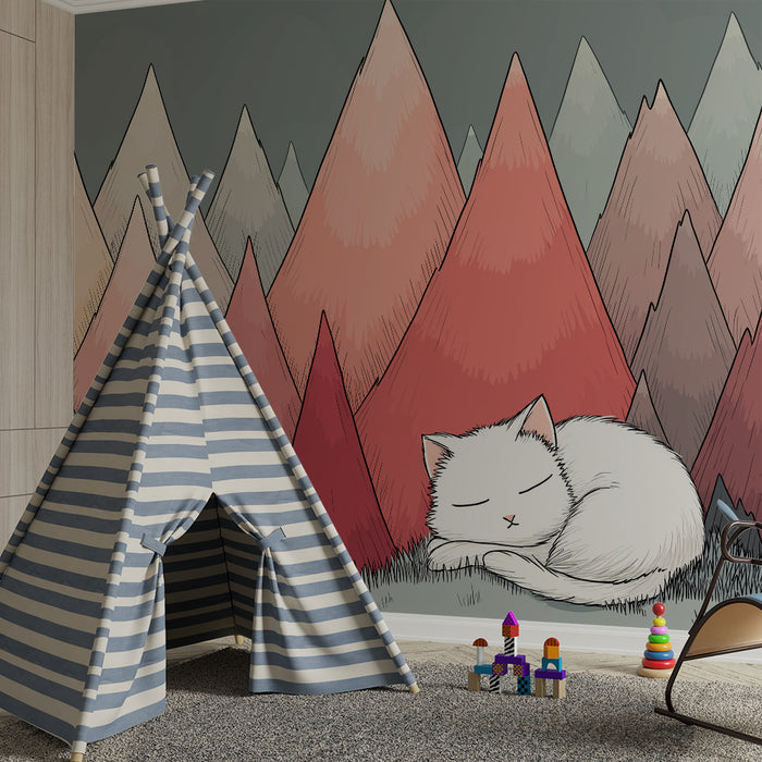 Kids room wallpaper | Sleeping kitten in the middle of colorful mountains