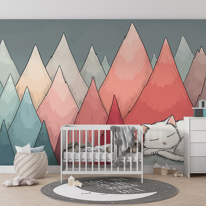 Kids room wallpaper | Sleeping kitten in the middle of colorful mountains