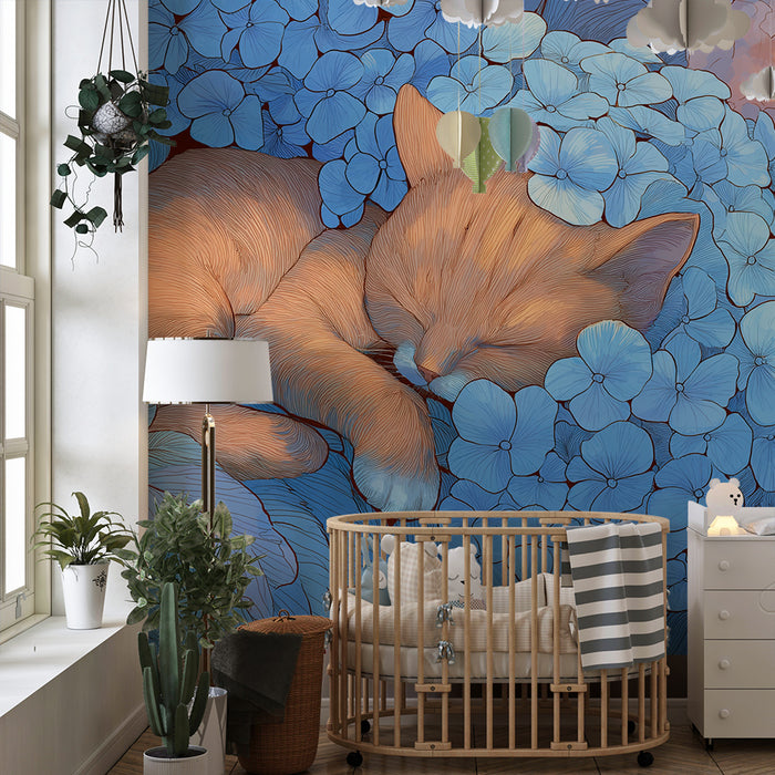 Børneværelse tapet | Søvnig killing blandt blå hortensia blomster