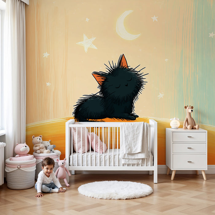 Papel pintado infantil | Gatito travieso bajo las estrellas