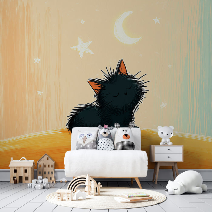 Papel pintado infantil | Gatito travieso bajo las estrellas