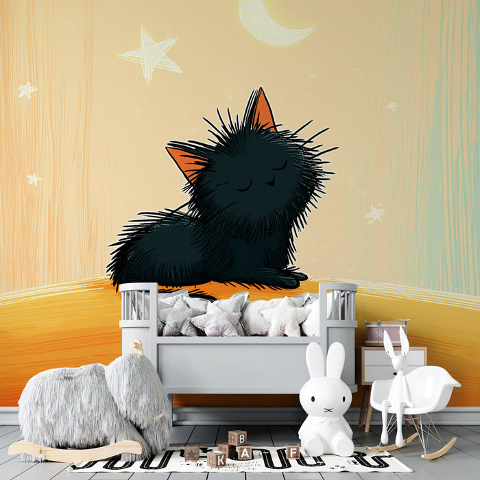 Papel pintado infantil | Gatito travieso bajo las estrellas
