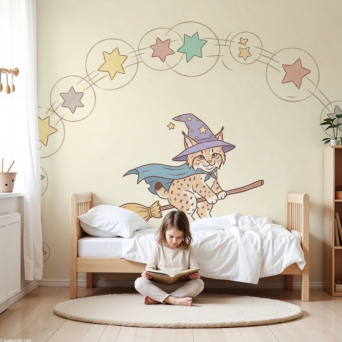 Papel de parede criança | Pisicuță magică pe-o mătură cu stele colorate