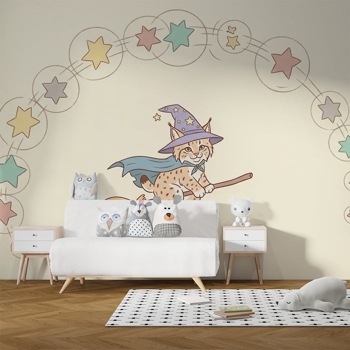 Papel de parede criança | Pisicuță magică pe-o mătură cu stele colorate