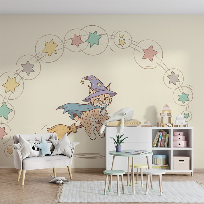 Papel de parede criança | Pisicuță magică pe-o mătură cu stele colorate