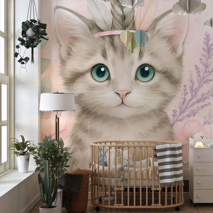 Papier de parede criança | Gatinho fofo cercado por flores
