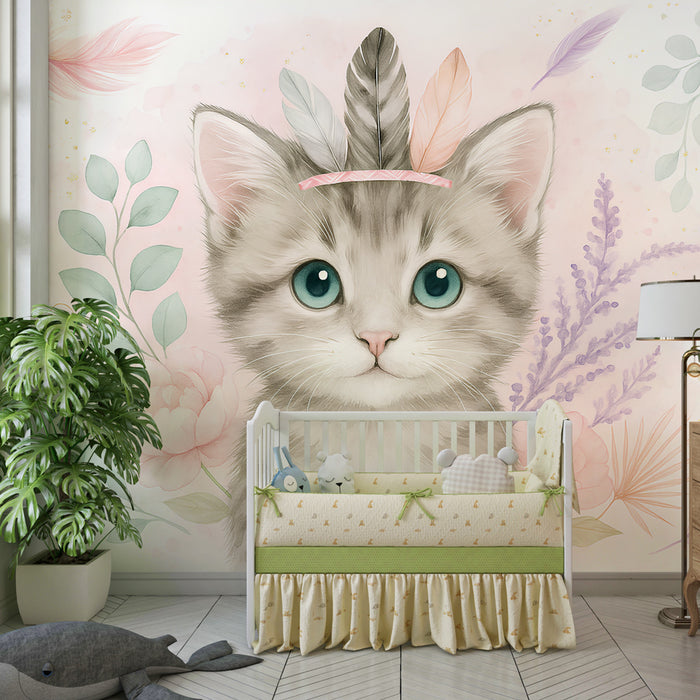 Papier de parede criança | Gatinho fofo cercado por flores