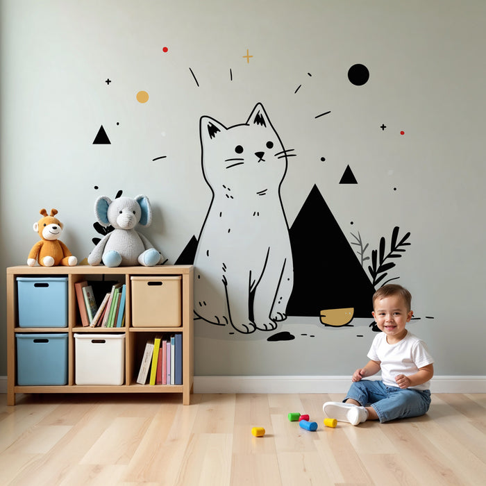 Papel pintado infantil | Lindo gatito y elementos geométricos