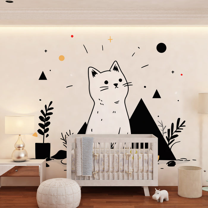 Papel pintado infantil | Lindo gatito y elementos geométricos