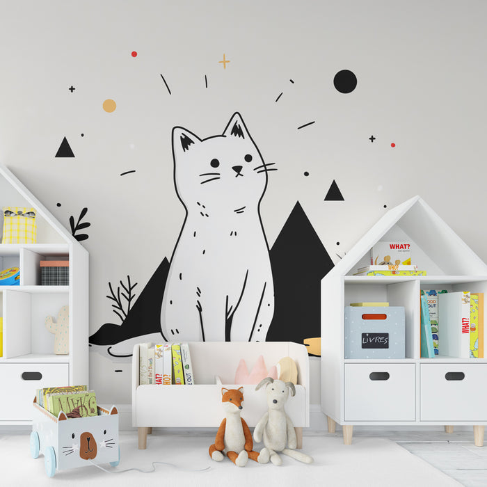 Papel pintado infantil | Lindo gatito y elementos geométricos