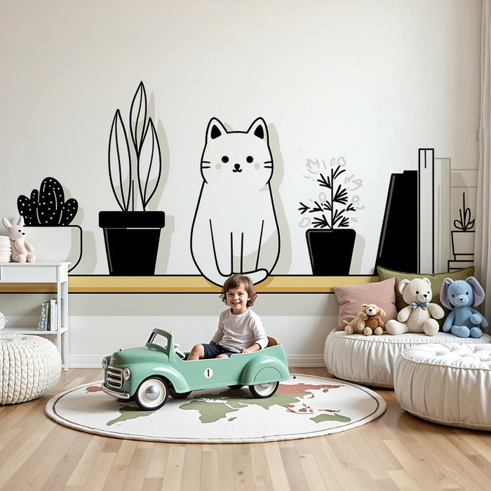 Papel pintado infantil | Lindo gatito y plantas modernas