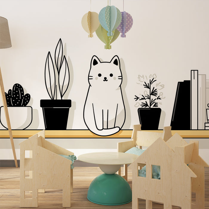 Papel pintado infantil | Lindo gatito y plantas modernas