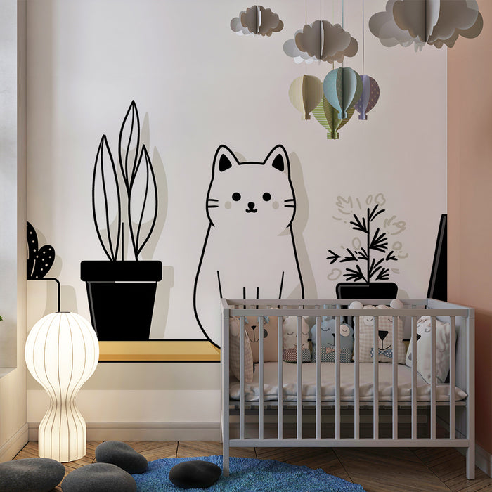 Papel pintado infantil | Lindo gatito y plantas modernas